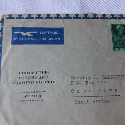 Airmail cover from Zurich to Cape Town, South Africa with 2 Swiss stamps - Dated 22 October 1920