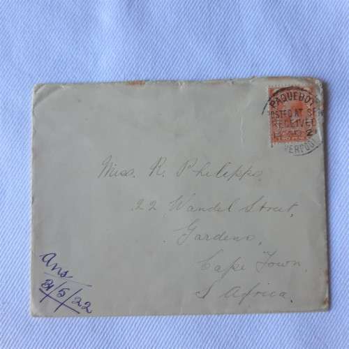 Paquebot postal cover from Liverpool to Cape Town South Africa with two pence stamps