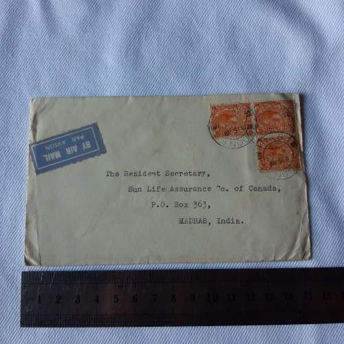 Airmail cover from London to Madras, India with 3x twopence stamps - Dated 4 November 1932