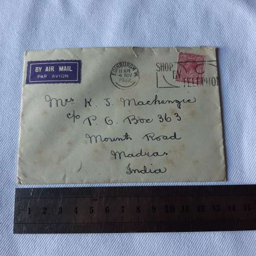 Airmail cover from Edinburgh to Madras, India with sixpence stamp - Dated 4 November 1932
