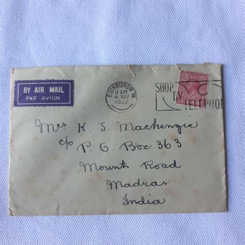Airmail cover from Edinburgh to Madras, India with sixpence stamp - Dated 4 November 1932