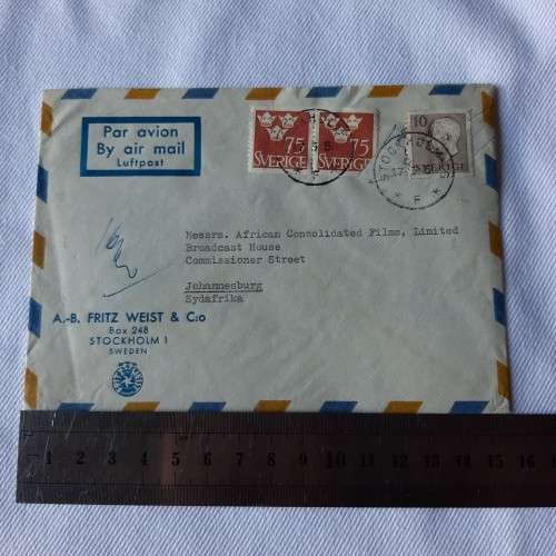 Airmail cover from Stockholm, Sweden to Johannesburg, South Africa - Dated 17 March 1955