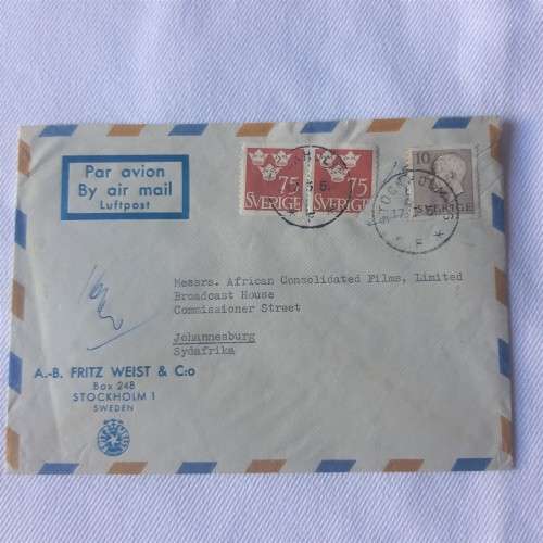 Airmail cover from Stockholm, Sweden to Johannesburg, South Africa - Dated 17 March 1955