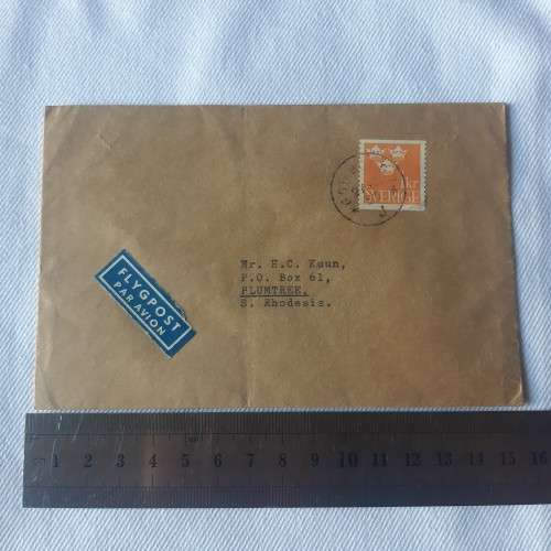 Airmail cover from Gothenburg, Sweden to Southern Rhodesia with 1kr sverige stamp