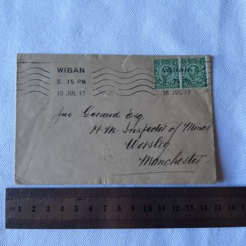 Postal cover from Wigan to Manchester, England with 2 halfpenny stamps - Dated 16 July 1913
