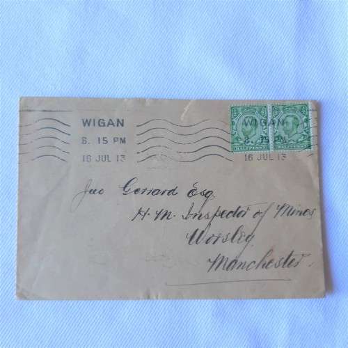 Postal cover from Wigan to Manchester, England with 2 halfpenny stamps - Dated 16 July 1913