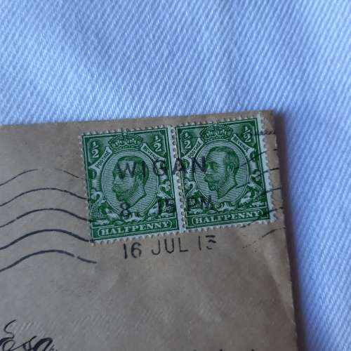 Postal cover from Wigan to Manchester, England with 2 halfpenny stamps - Dated 16 July 1913