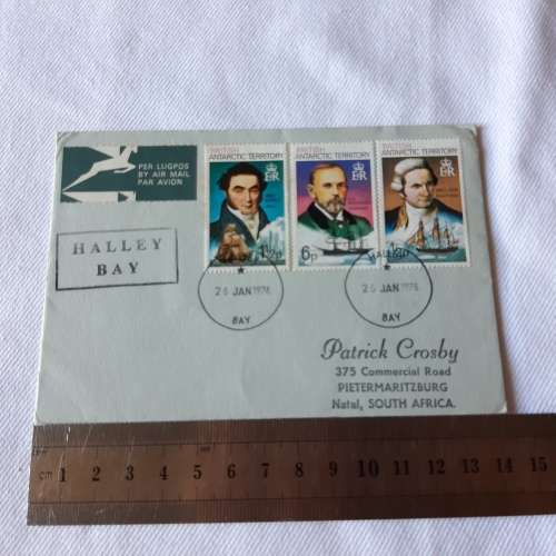 Airmail cover from Halley Bay to Pietermaritzburg, South Africa - With 3 British stamps