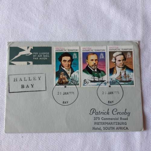 Airmail cover from Halley Bay to Pietermaritzburg, South Africa - With 3 British stamps
