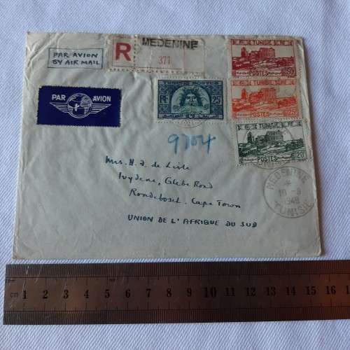 Airmail cover from Medenine, Tunisia to Cape Town, South Africa with 4 Tunisian stamps
