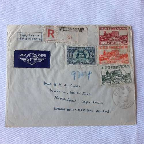Airmail cover from Medenine, Tunisia to Cape Town, South Africa with 4 Tunisian stamps
