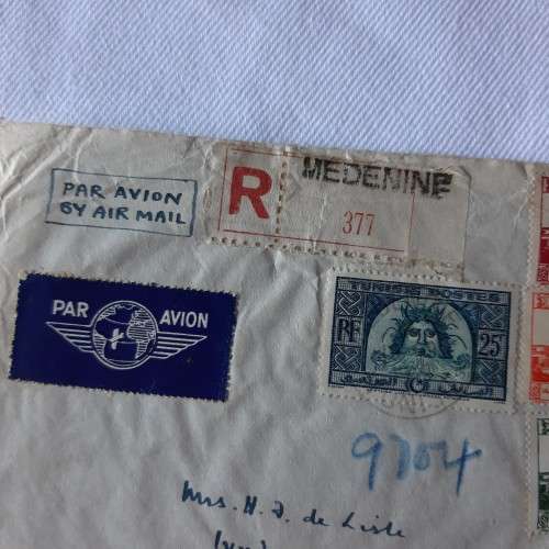 Airmail cover from Medenine, Tunisia to Cape Town, South Africa with 4 Tunisian stamps