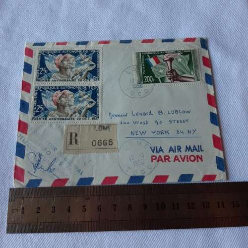 Airmail cover from Lome to New York, USA with 2x25f and 200f stamps - Dated 12 April 1958