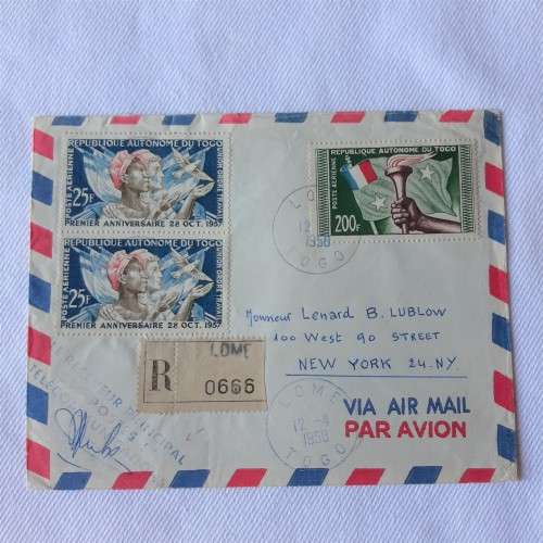Airmail cover from Lome to New York, USA with 2x25f and 200f stamps - Dated 12 April 1958