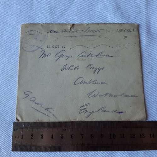 An Active Service Postal cover posted by Army P.O. 1 to England - Dated 12 October 1917