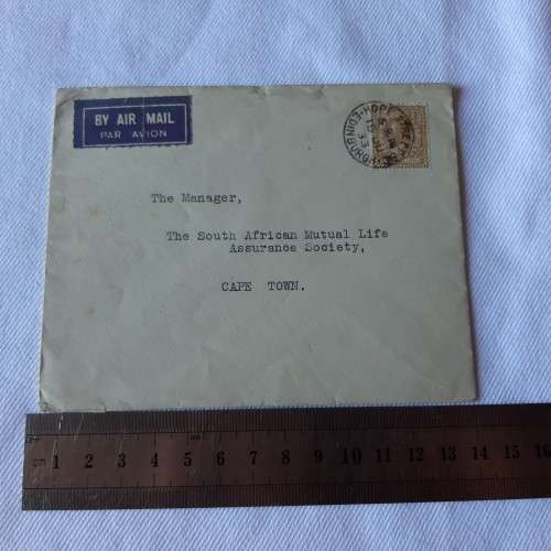 Airmail cover from Edinburgh, Scotland to Cape Town, South Africa with 1 shilling stamps
