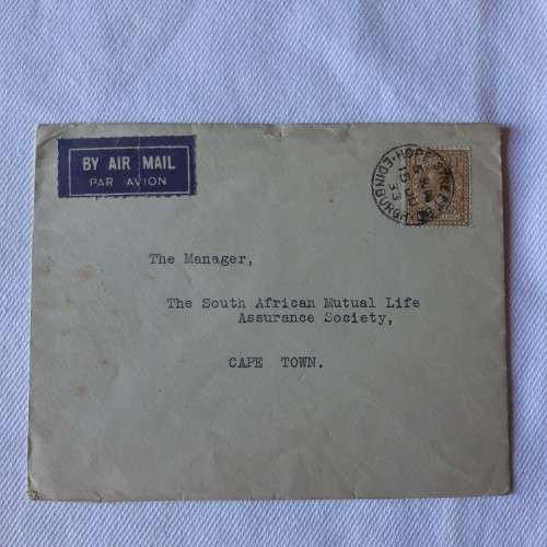Airmail cover from Edinburgh, Scotland to Cape Town, South Africa with 1 shilling stamps