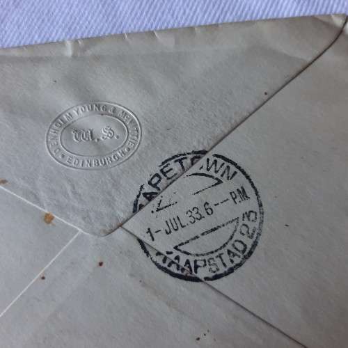 Airmail cover from Edinburgh, Scotland to Cape Town, South Africa with 1 shilling stamps