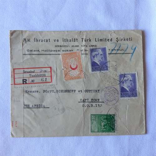 Postal cover from Istanbul to Cape Town, South Africa with 2 1/2 Piastres, 0.50kurus, 2x9kurus stamp