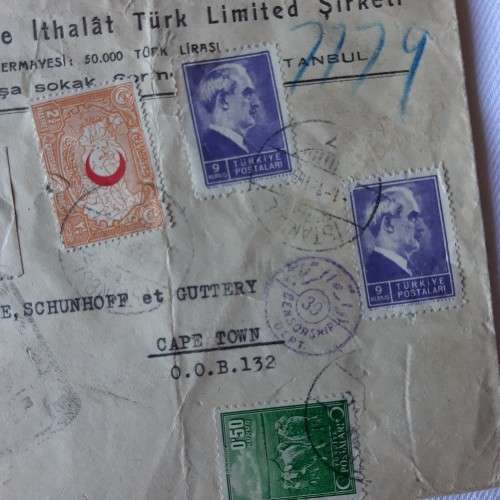 Postal cover from Istanbul to Cape Town, South Africa with 2 1/2 Piastres, 0.50kurus, 2x9kurus stamp