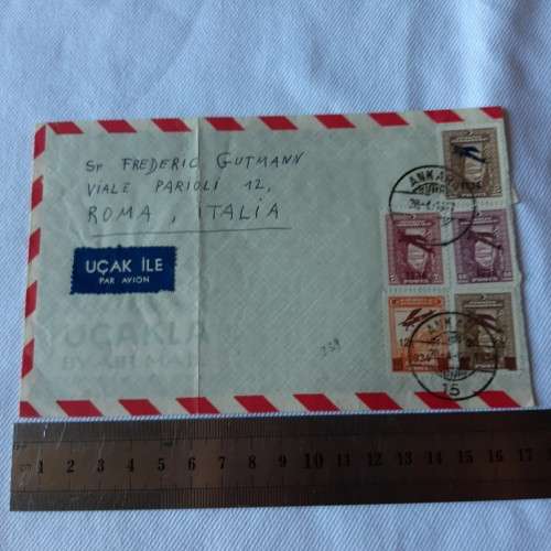 Airmail cover from Ankara, Turkey to Roma, Italy with 5 Turkey stamps - Dated 28 April 1947