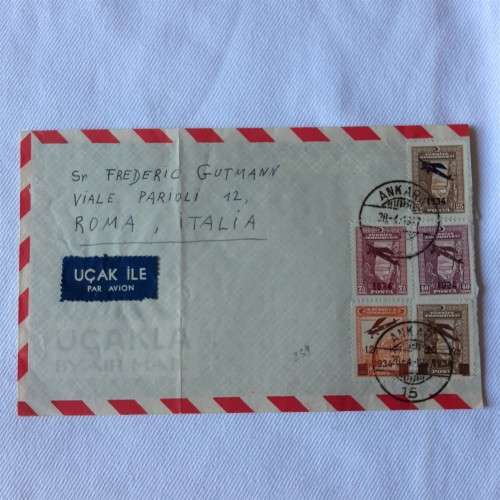 Airmail cover from Ankara, Turkey to Roma, Italy with 5 Turkey stamps - Dated 28 April 1947