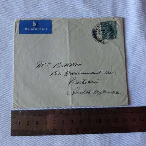 1923 Airmail cover from Edinburgh, Scotland to Pretoria, South Africa with twopence stamp