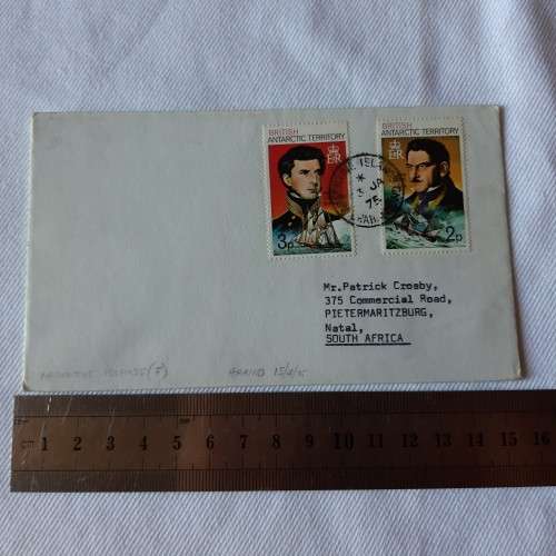 Postal cover from Argentine Islands to Pietermaritzburg, South Africa with 2p and 3p stamps