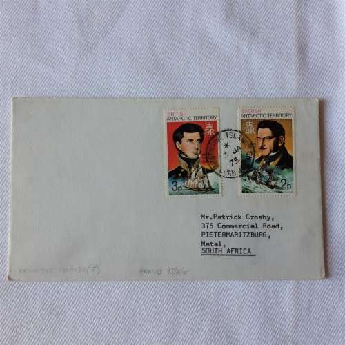 Postal cover from Argentine Islands to Pietermaritzburg, South Africa with 2p and 3p stamps