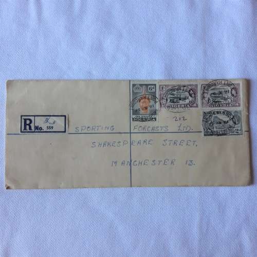 Registered postal cover from Lagos, Nigeria to Manchester, England with 4 Nigerian stamps