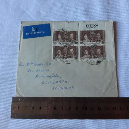 Airmail cover from Kafanchan, Nigeria to Edinburgh, Scotland via Kano with  1 1/2 block stamps