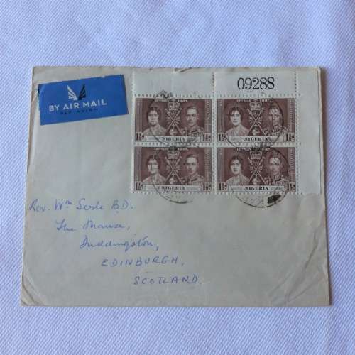 Airmail cover from Kafanchan, Nigeria to Edinburgh, Scotland via Kano with  1 1/2 block stamps