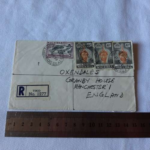 Registered postal cover from Tiko, Cameroons to Manchester, England with 1x3d stamp, 3x6d stamps