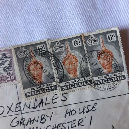 Registered postal cover from Tiko, Cameroons to Manchester, England with 1x3d stamp, 3x6d stamps