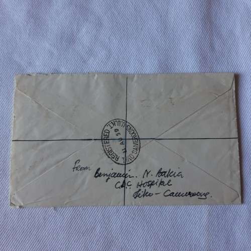 Registered postal cover from Tiko, Cameroons to Manchester, England with 1x3d stamp, 3x6d stamps