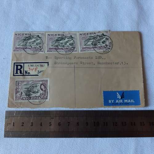 Registered airmail cover from Umudura, Nigeria to Manchester, England with 4 Nigerian stamps