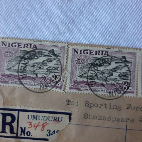 Registered airmail cover from Umudura, Nigeria to Manchester, England with 4 Nigerian stamps