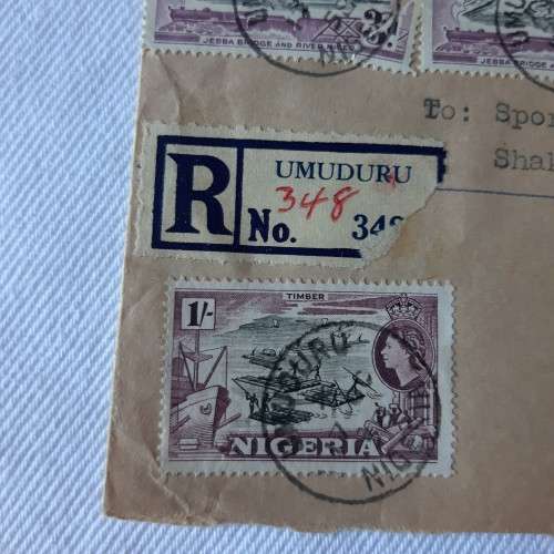 Registered airmail cover from Umudura, Nigeria to Manchester, England with 4 Nigerian stamps