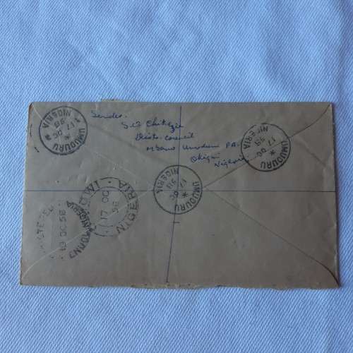 Registered airmail cover from Umudura, Nigeria to Manchester, England with 4 Nigerian stamps