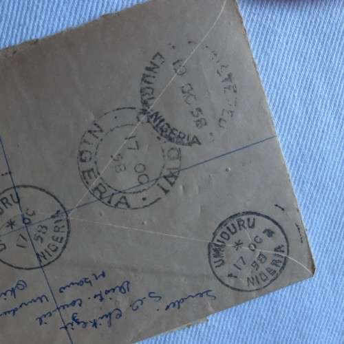 Registered airmail cover from Umudura, Nigeria to Manchester, England with 4 Nigerian stamps