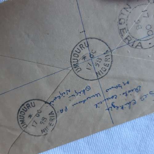 Registered airmail cover from Umudura, Nigeria to Manchester, England with 4 Nigerian stamps