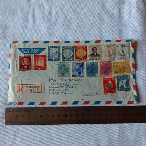 Registered airmail cover from Trondheim to Cape Town South Africa with 15 Norway stamps -9 June 1960