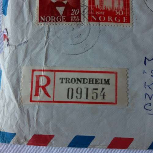 Registered airmail cover from Trondheim to Cape Town South Africa with 15 Norway stamps -9 June 1960