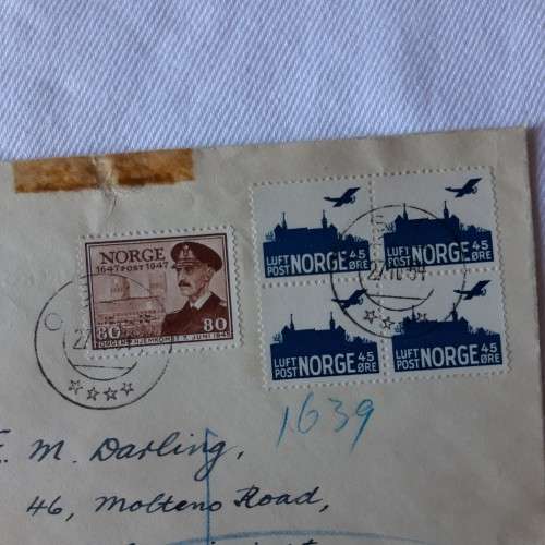 Registered airmail cover from Oslo, Norway to Cape Town, South Africa - Dated 27 October 1954