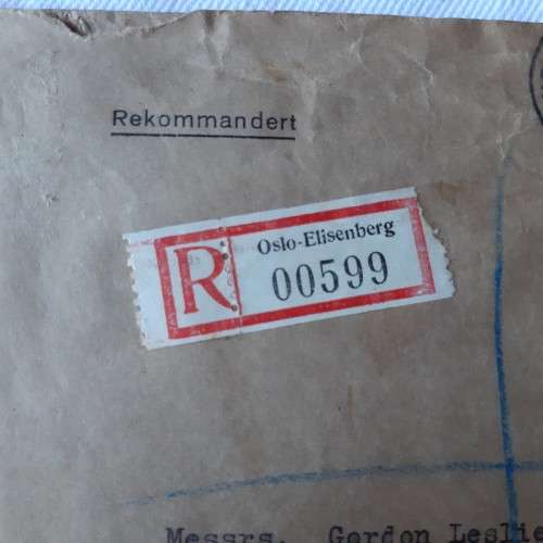 Registered postal cover from Oslo-Elisenberg to England with 45ore and 15ore Norwegian stamps
