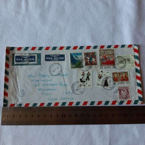 Airmail cover from Sogndal, Norway to Cape Town, South Africa with 8 Norwegian stamps - 26 July 1976