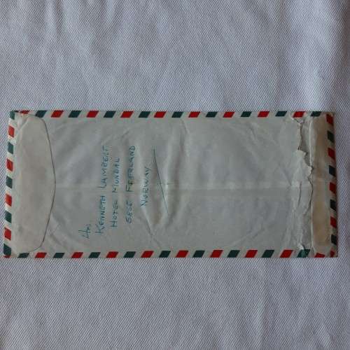 Airmail cover from Sogndal, Norway to Cape Town, South Africa with 8 Norwegian stamps - 26 July 1976