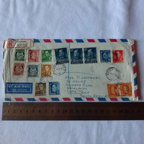 Registered airmail cover from Andalsnes to Cape Town, South Africa with 15 Norwegian stamps