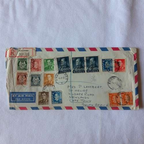 Registered airmail cover from Andalsnes to Cape Town, South Africa with 15 Norwegian stamps