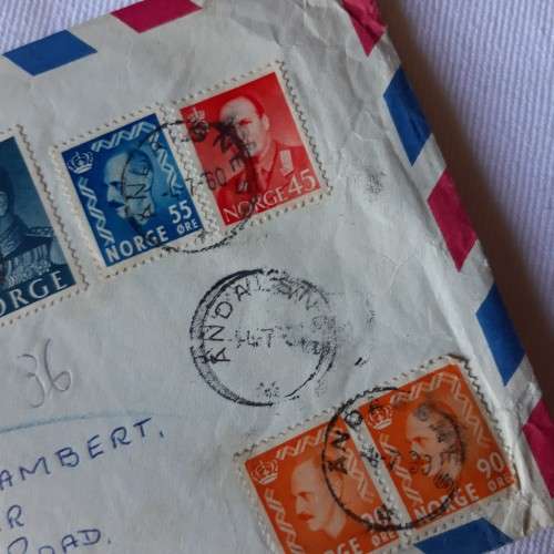 Registered airmail cover from Andalsnes to Cape Town, South Africa with 15 Norwegian stamps